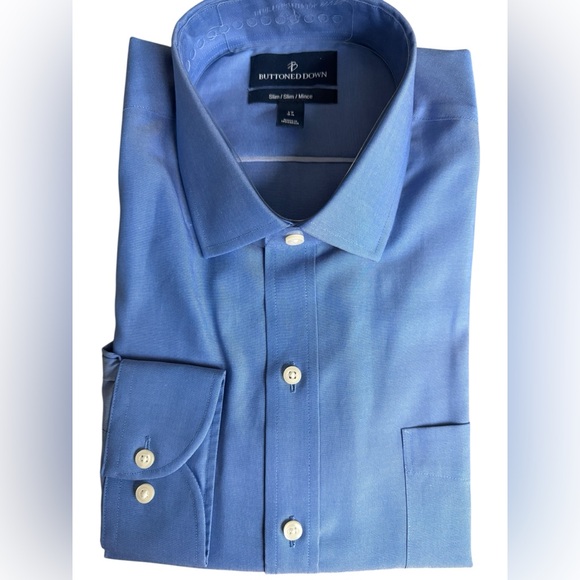 BUTTONED DOWN SLIM FIT 17 34 Blue Button Down No Iron Pocket Men’s Shirt NEW - Picture 1 of 6
